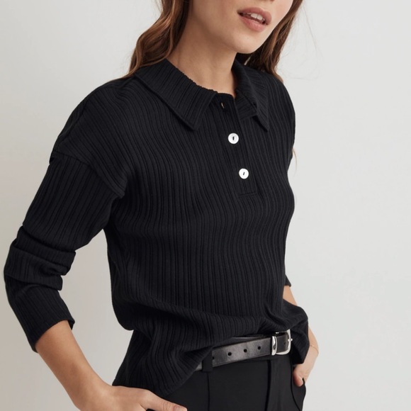 Madewell Variegated Rib Boxy Long Sleeve Polo Shirt V-Neck size L - Picture 4 of 5